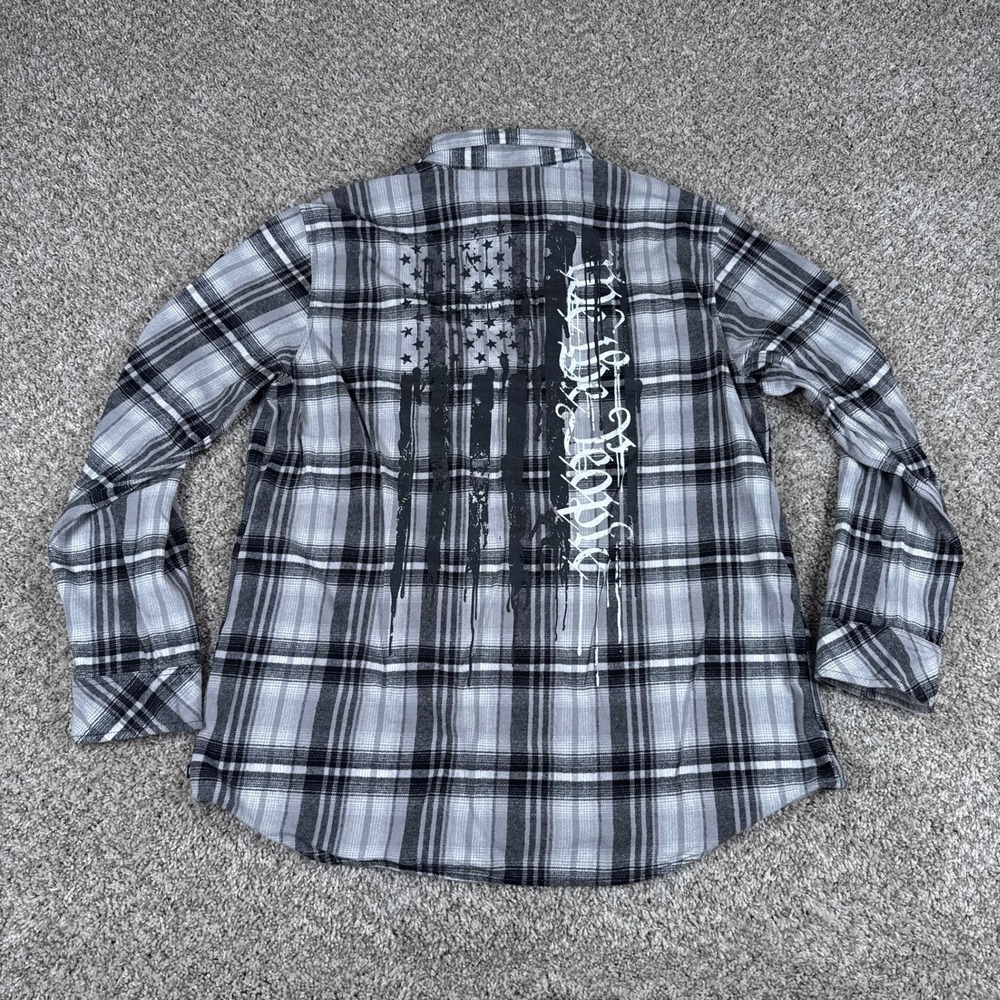 Howitzer Shirt Mens XL Black Gray White Plaid Flannel Long Sleeve Button Up Flag